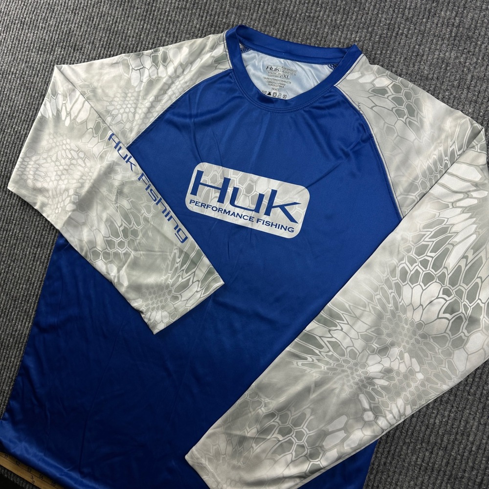 Huk Performance Fishing Shirt Mens XL Blue Grey Camo Raglan Long Sleeve Logo